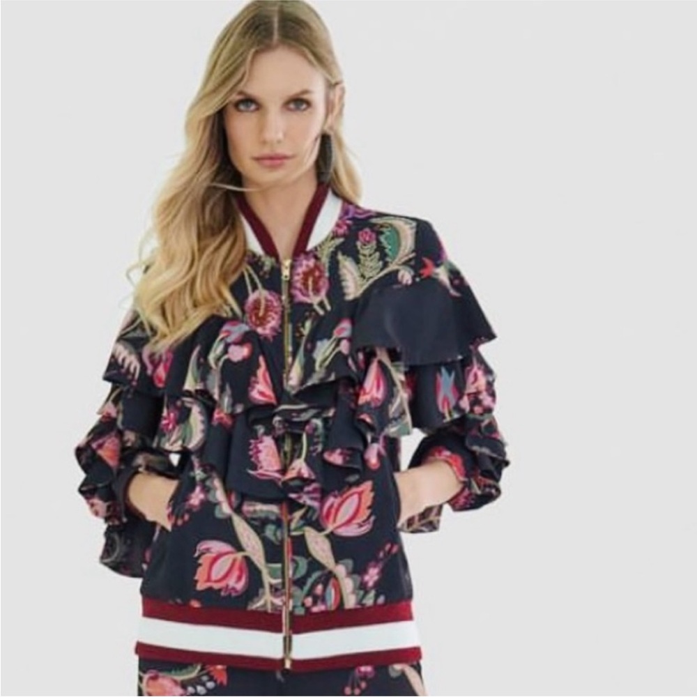PatBo Fiesta Ruffle Sleeve Floral Bomber Jacket Size 0 XS Extra Small